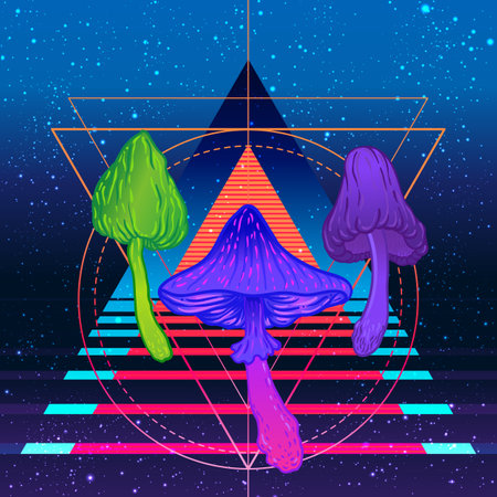 Retro futurism. Vintage 80s or 90s style background with magic mushrooms. Good design for textile t-shirt print design, flyer and poster. Futuristic vector illustration in bright neon colors.のイラスト素材