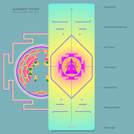 Alignment Yoga Mat design template. Vector illustration. Ready to print modern style. Perfect support in any asana, for the most demanding yogis with beautiful sybol in the center pointinspired by energy of the universe.のイラスト素材
