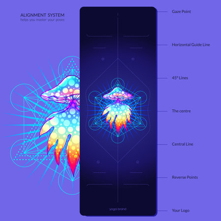 Alignment Yoga Mat design template. Vector illustration. Ready to print modern style. Perfect support in any asana, for the most demanding yogis with beautiful sybol in the center pointinspired by energy of the universe.のイラスト素材