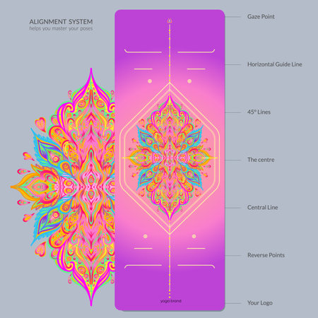 Alignment Yoga Mat design template. Vector illustration. Ready to print modern style. Perfect support in any asana, for the most demanding yogis with beautiful sybol in the center pointinspired by energy of the universe.のイラスト素材