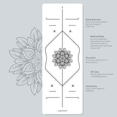 Alignment Yoga Mat design template. Vector illustration. Ready to print modern style. Perfect support in any asana, for the most demanding yogis with beautiful sybol in the center point inspired by energy of the universe.のイラスト素材