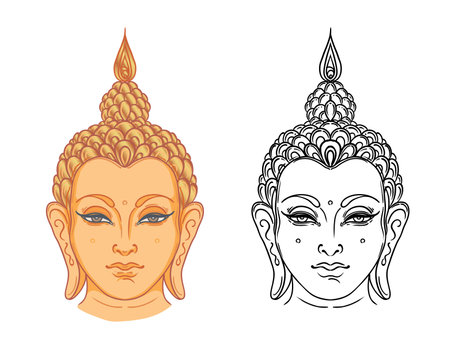 Buddha face isolated on white. Esoteric vintage vector illustration. Indian, Buddhism, spiritual art. Hippie tattoo, spirituality, Thai god, yoga zen Coloring book pages for adults.のイラスト素材