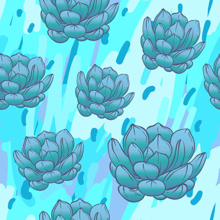 Seamless abstract geometric pattern with green succulents. Retro 1980s, 1990s style. Memphis inspired design for textiles and fabrics, wrapping paper and wallpapers. Vector illustration, bright colorsのイラスト素材