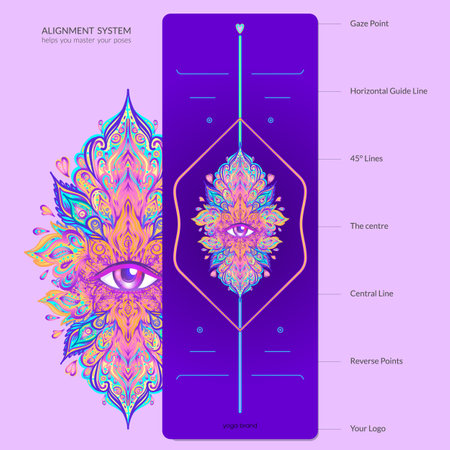 Alignment Yoga Mat design template. Vector illustration. Ready to print modern style. Perfect support in any asana, for the most demanding yogis with beautiful sybol in the center pointinspired by energy of the universe.のイラスト素材