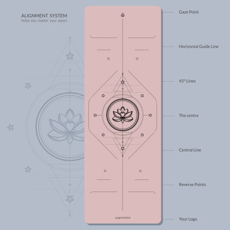 Alignment Yoga Mat design template. Vector illustration. Ready to print modern style. Perfect support in any asana, for the most demanding yogis with beautiful sybol in the center pointinspired by energy of the universe.のイラスト素材