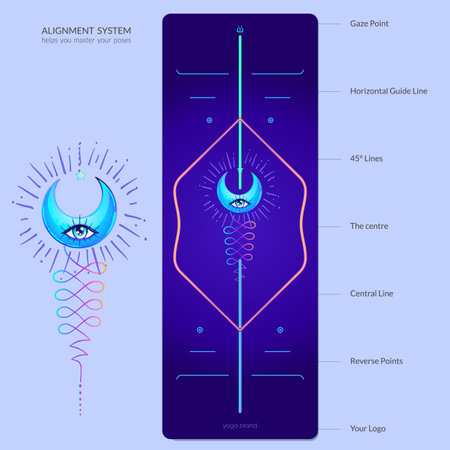 Alignment Yoga Mat design template. Vector illustration. Ready to print modern style. Perfect support in any asana, for the most demanding yogis with beautiful sybol in the center pointinspired by energy of the universe.のイラスト素材