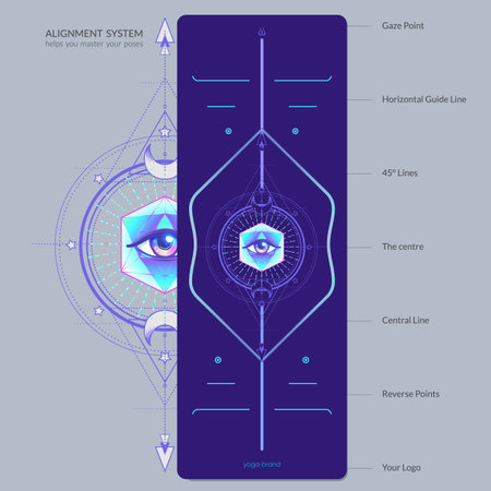 Alignment Yoga Mat design template. Vector illustration. Ready to print modern style. Perfect support in any asana, for the most demanding yogis with beautiful sybol in the center pointinspired by energy of the universe.のイラスト素材
