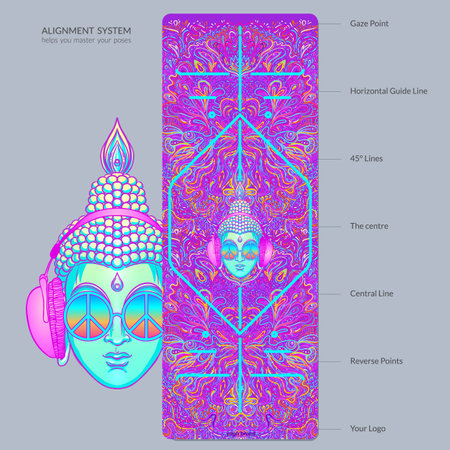 Alignment Yoga Mat design template. Vector illustration. Ready to print modern style. Perfect support in any asana, for the most demanding yogis with beautiful sybol in the center pointinspired by energy of the universe.のイラスト素材