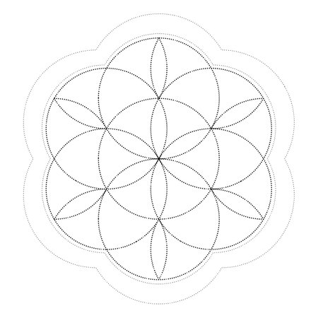 Lotus flower tattoo design over Seed of Life sacred geometry symbol. Ancient geometric spiritual symbol. Overlapping circles floral pattern, Flower of Life. Black and white vector illustration.のイラスト素材