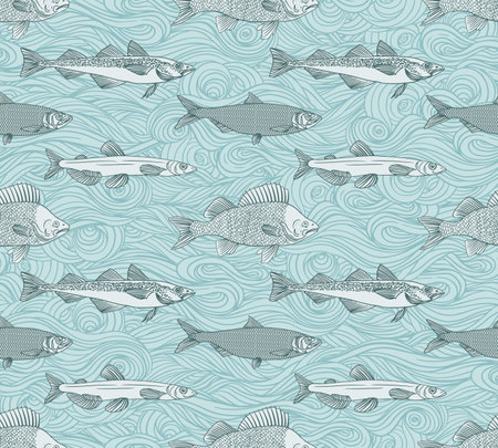 Fish seamless pattern. Perch, Capelin, Herring, Pollock, Shrimp. Vector illustration of fish on on white background. Seafood restaurant menu. Outline coloring book pages design. Wild nature, fishing.のイラスト素材