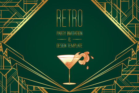 Art Deco vintage gold patterns over dark green, frames and design elements. Retro party geometric background set 1920s style. Vector illustration for glamour party, thematic wedding or textile prints.のイラスト素材