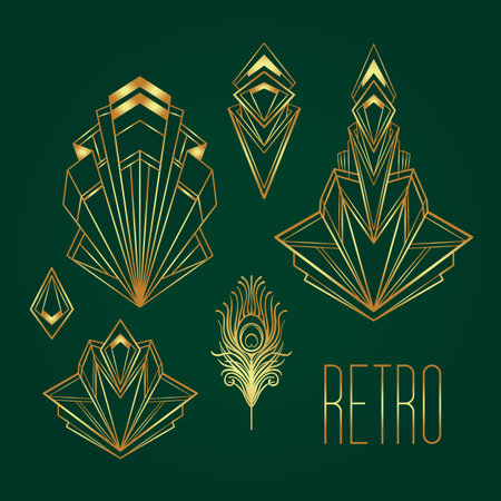 Art Deco vintage gold patterns over dark green, frames and design elements. Retro party geometric background set 1920s style. Vector illustration for glamour party, thematic wedding or textile prints.のイラスト素材