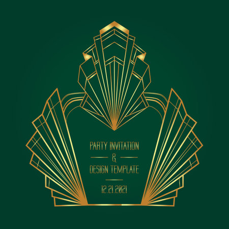 Art Deco vintage gold patterns over dark green, frames and design elements. Retro party geometric background set 1920s style. Vector illustration for glamour party, thematic wedding or textile prints.のイラスト素材