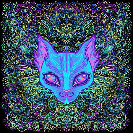 Cute fox or cat face over psychedelic ornate pattern. Character tattoo design for pet lovers, artwork for print, textiles. Detailed vector illustration. Totem animal.のイラスト素材