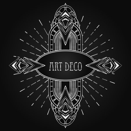 Art Deco vintage silver design element over black. Retro party geometric background set 1920s style. Vector illustration for glamour party, thematic wedding or textile prints.のイラスト素材