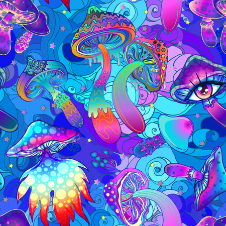 Magic mushrooms. Psychedelic hallucination. Vibrant vector illustration. 60s hippie colorful background, hippie and boho texture. Ttrippy wallpaper.のイラスト素材
