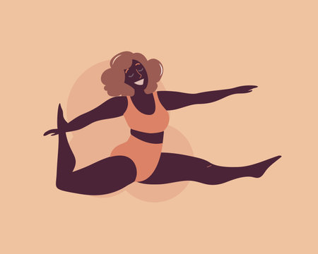 Plus size black curvy lady doing yoga class. Vector illustration isolated on white. Online home workout. Body positive. Attractive African overweight woman.のイラスト素材