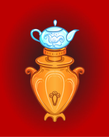 Human hands holding vintage tea Samovar - self-boiler heated metal container traditionally used in Russia. Vector illustration in cartoon style isolated.のイラスト素材