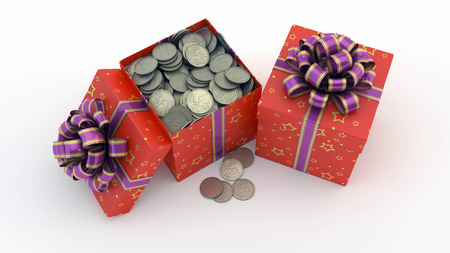 Gift box with coins on a white backgroundの写真素材