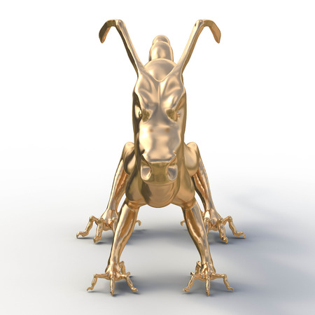 3d render. Golden statue of a Chinese dragon from the front. Muzzle with long horns and without beards. Fancy feet with thin fingersの写真素材
