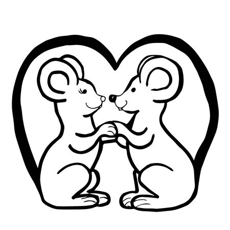 Two mouses sit facing each other and hold on to their paws. Template for a romantic greeting card. Coloring page.のイラスト素材
