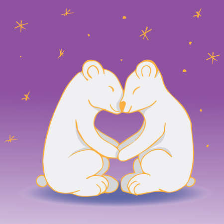 Polar bears hold their paws against the background of the starry sky. Loving couple holding hands. Hand drawing. Romantic vector illustration. Doodle style.のイラスト素材