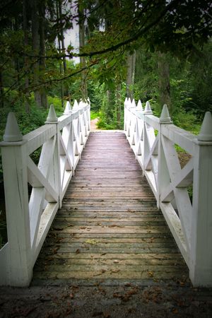 wooden bridge with white piers leading to the forest pathの写真素材