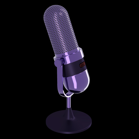 Vintage microphone of purple color isolated on black background. 3d rendering.の写真素材