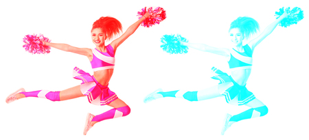 Photo with stereoscopic effect. Young cheerleader in blue and white suit with pompoms on white background. Isolated on white background.の写真素材