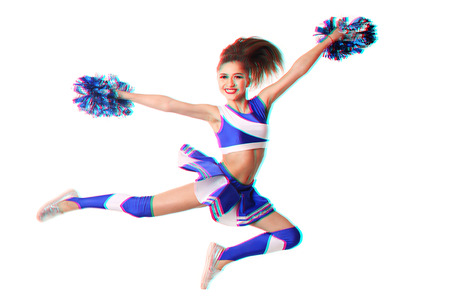 Photo with stereoscopic effect. Young cheerleader in blue and white suit with pompoms on white background. Isolated on white background.の写真素材
