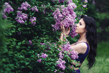 attractive woman in purple dress posing near lilac flowering bushes.の写真素材
