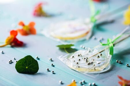 pattern of candy, flowers and pastry silver beadsの写真素材