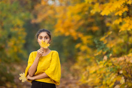 Cheerful woman portrait with autumn maple leaves in the park.