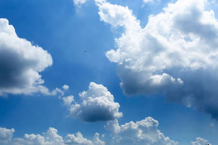 daytime sky with cumulus clouds. small birds high in the sky