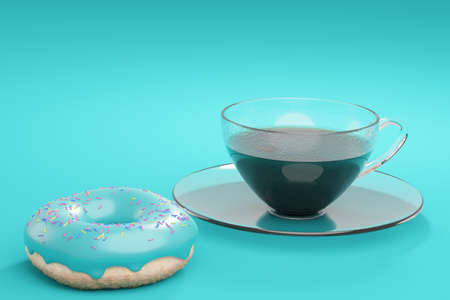 coffee in a glass cup and a donut with turquoise glaze. 3d renderの写真素材