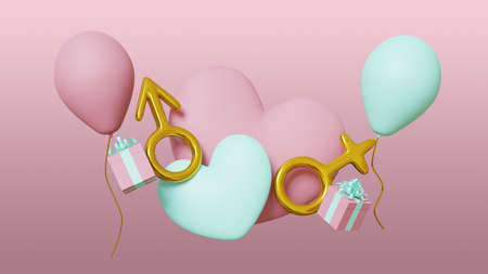 Valentines day banner pink background with hearts, balloons, gifts, female and male sign. 3d render.