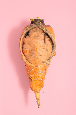 Carrots of an unusual shape on a pink background. The concept of lack of fertilizer vegetables.