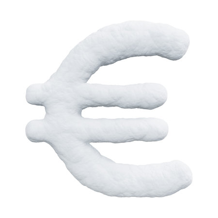 euro currency sign made of snow. Winter font on a white background. Realistic 3D rendering.の写真素材