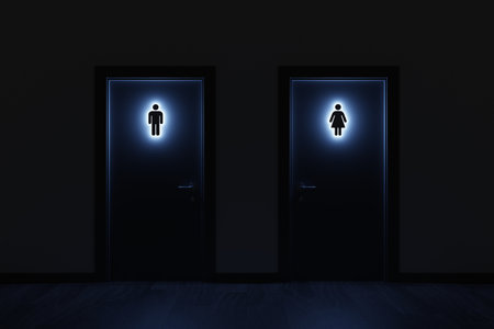 glowing blue WC signs on the toilet doors in a dark corridor. 3D visualization.の写真素材