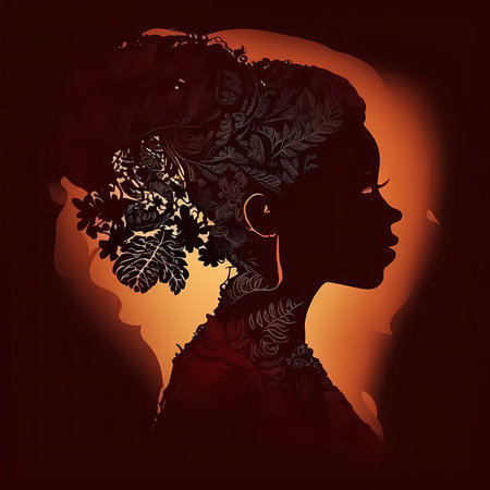 silhouette of a black woman with a floral pattern on an orange background. Generative AI.の素材