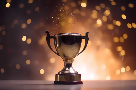 The winner's cup in the studio, illuminated by bright lights and blurry sparks in the background. AI Generatedの素材