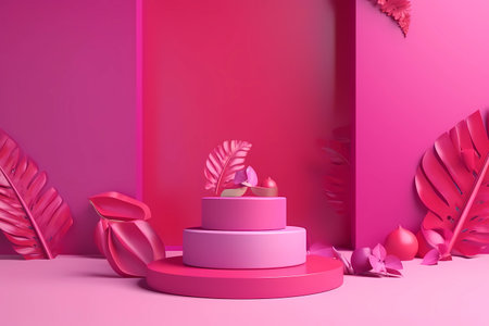 3D podium display with rose flowers and gifts, palm leaf. Valentine, female copy space template. AI Generatedの素材