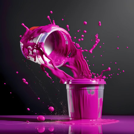 Dripping Creativity: Viva Magenta Paint Can Falls, Unleashing a Dynamic Splash on the Floor. AI Generatedの素材