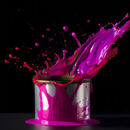 Colorful Chaos: Viva Magenta Paint Can Creates a Stunning Splash and Splatter. AI Generatedの素材