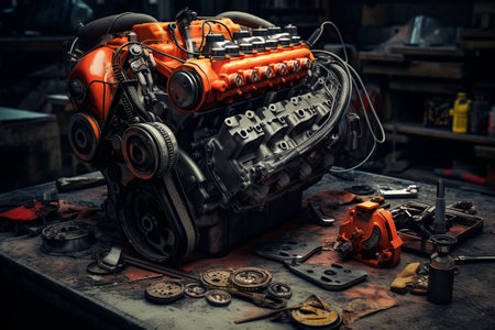 disassembled engine and spare parts on the table in the garage. AI Generatedの素材