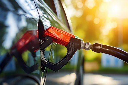 Hand Man Refill and filling Oil Gas Fuel at station. Gun petrol in the tank to fill. Pumping gasoline fuel in car at gas station. Refueling automobile with gasoline or diesel with a fuel dispenser. AI Generatedの素材