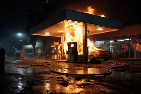 The gas station is on fire at night. AI Generatedの素材