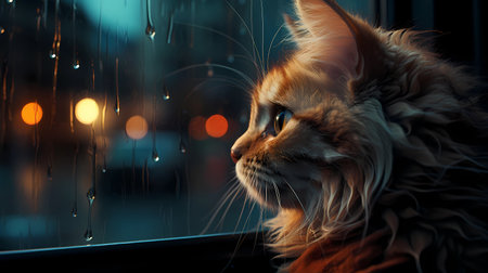 a red domestic cat looks out the window on a rainy evening and is bored.の素材