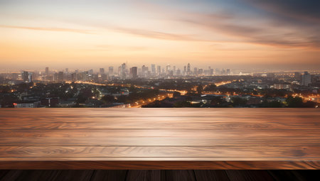 outdoor wooden table with a beautiful view of the evening city and sunset, perfect for your message.の素材