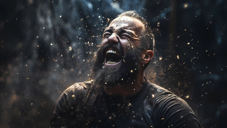 the desperate cry of a strong man in the falling particles after the explosion.の素材